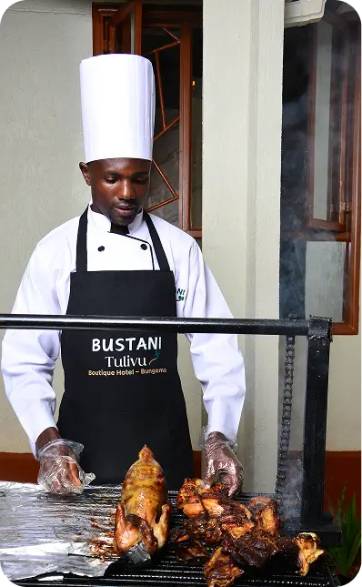 Bustani Tulivu chef preparing fresh meals resort kitchen Bungoma